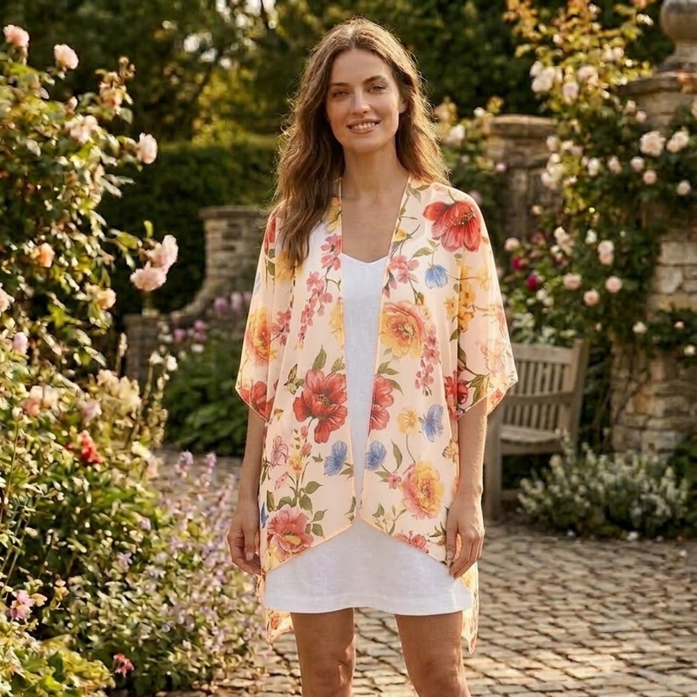 Polly & Esther Floral Kimono with Red and Yellow Accents
